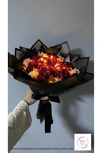 Buketim Seninle باقة من 13 وردة ساتان حمراء مضيئة لا تبهت، هدية للحبيب