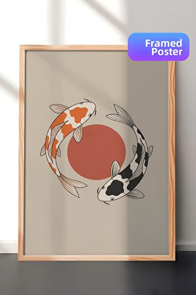 Zestia Tablou de perete cu ramă din lemn, energie Koi în mișcare în echilibru...