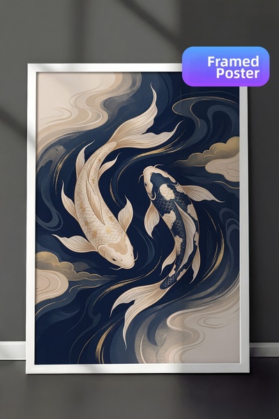 Zestia White Framed Wall Painting Peaceful Koi Herd in Cloudy Blue Stream Liv...