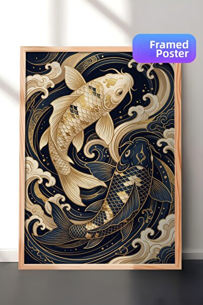 Zestia Ζωγραφική τοίχου με ξύλινο πλαίσιο σε στυλ Emperor Deep Navy Blue Koi ...