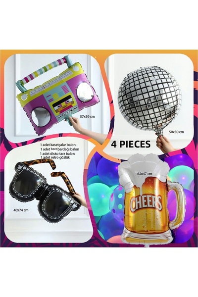 partidolu Retro Disco 70's 80's 4 Different Model Foil Balloons 4 Pieces