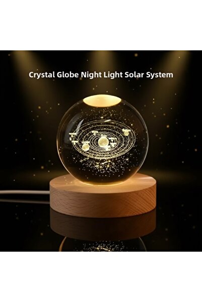 CT STONES نموذج كوكب زخرفي مع كرة كريستالية مضيئة بتقنية LED وحامل خشبي