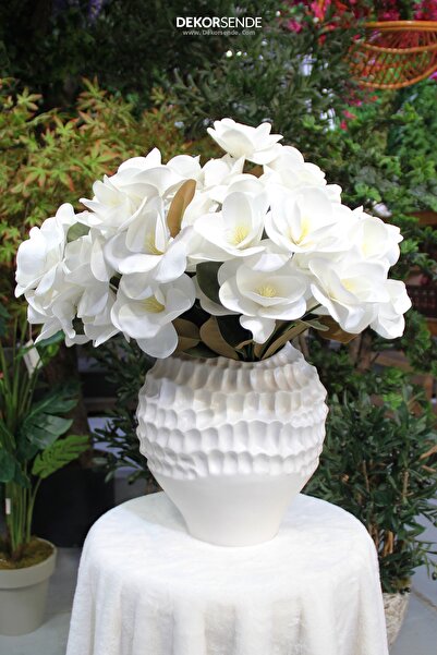 Dekorsende Buchet de magnolie artificială, alb, cu textură umedă, 45 cm