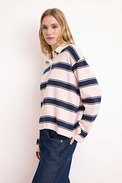 Trendyol Collection Ροζ ριγέ μπλουζάκι με φαρδιά γραμμή, χαμηλομάνικο, μακρυμ...