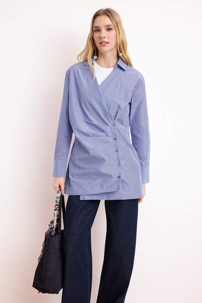 Trendyol Modest Blue Regular Terrycotton Striped Woven Side Buttoned Hijab Sh...