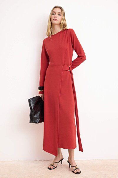 Trendyol Modest Light Burgundy Unlined Plain Knitted Buckle Belt Detailed Cre...