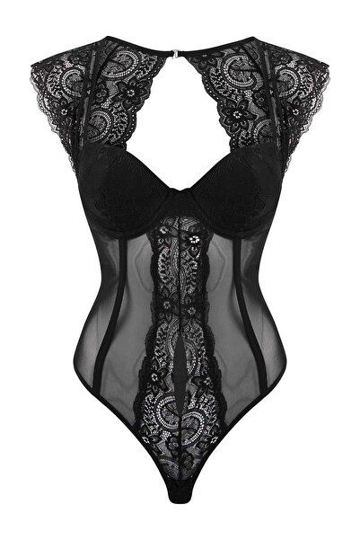 Trendyol Collection Body simplu din tul/dantelă neagră, cu capse fixe, model ...