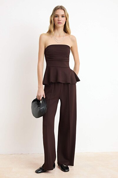 Trendyol Collection Brown Peplum Sleeveless Wide Leg Soft Touch Knitted Botto...