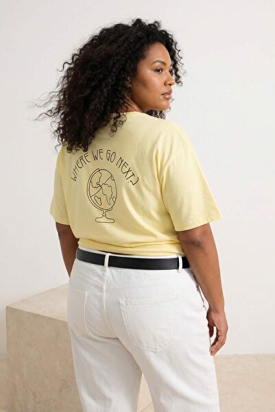 Trendyol Curve Yellow 100% Cotton Back Printed Oversize Cut Crew Neck Knitted...