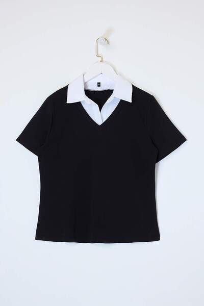 Trendyol Curve Black Shirt Collar Detailed Stretchy Knitted Plus Size Blouse ...