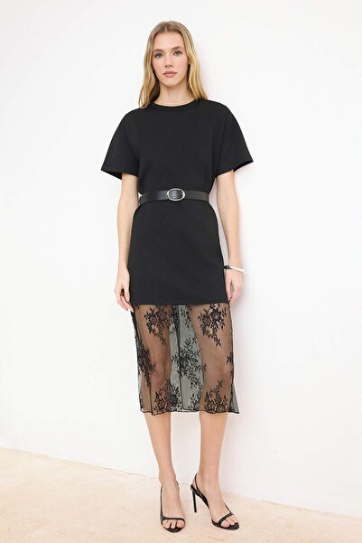 Trendyol Collection Μαύρο Shift/Ίσιο φόρεμα με χαμηλό μανίκι και κοντό μανίκι...