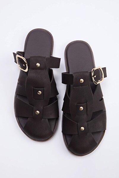 TRENDYOL SHOES Коричневі жіночі тапочки з нубуку