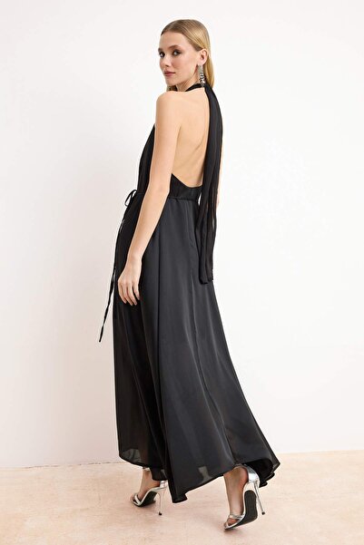 Trendyol Collection Crna haljina sa crnim pojasom, podstavljena, elegantna/ve...