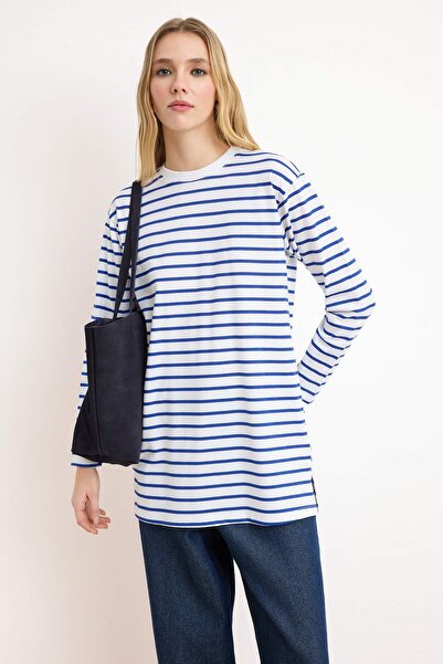 Trendyol Modest Blau gestreifte Stricktunika TCTAW22UK0240