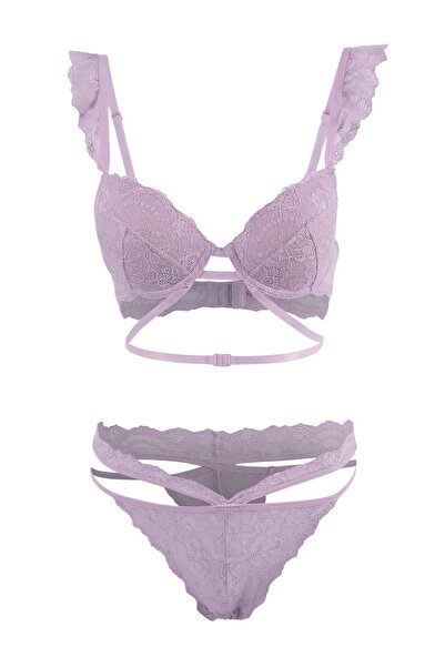 ترينديول كوليكشن طقم ملابس داخلية ثابتة برباط متقاطع من الدانتيل الأرجواني TH...