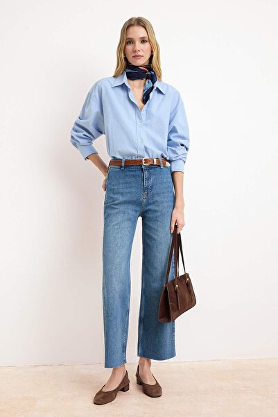 Trendyol Collection Blue High Waist Low Stretch Culotte Ankle Length Jeans Tw...