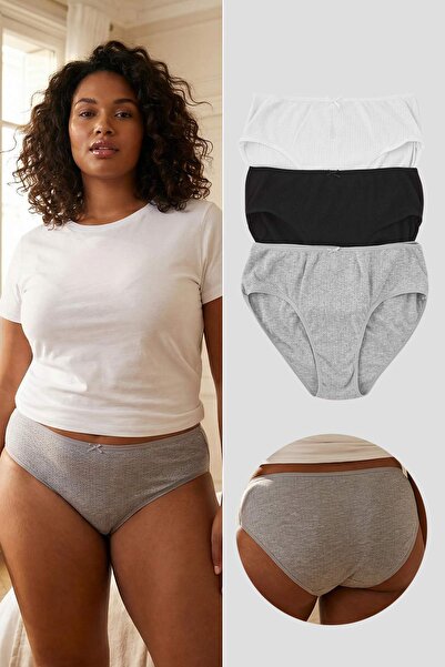 Trendyol Curve Black-Grey-White 3-Pack Pointel Cotton High Waist Classic Plus...