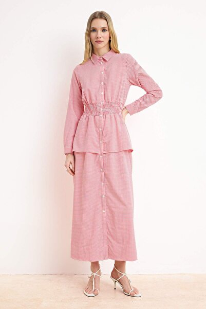 Trendyol Modest Red Unlined Plaid / Checkered Woven Terrycotton Hijab Dress T...