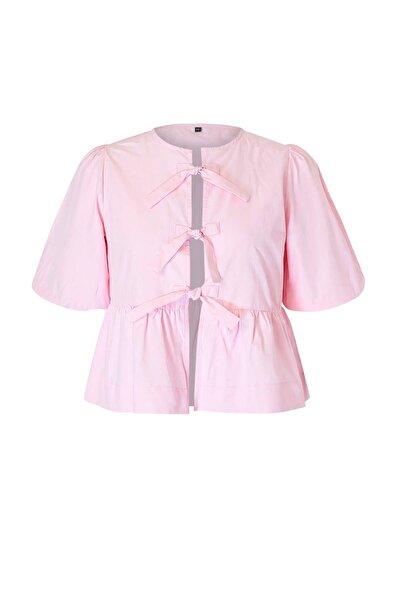 Trendyol Curve Ροζ γυναικεία υφαντή μπλούζα με φιόγκο σε μεγάλο μέγεθος TBBAW...