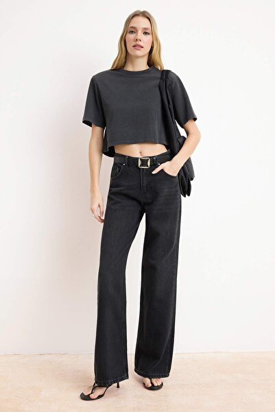 Trendyol Collection Crne SOFT Tencel farmerke sa širokim nogavicama i visokim...