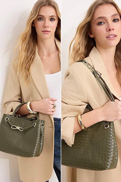 TRENDYOL SHOES Khakifarbene mittelgroße Damen-Umhängetasche aus gestricktem K...