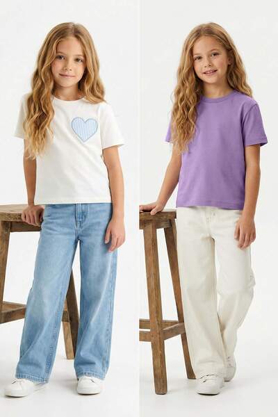 TRENDYOLKIDS Tricou tricotat simplu pentru fete, 2 piese, liliac-ecru TKDSS26...