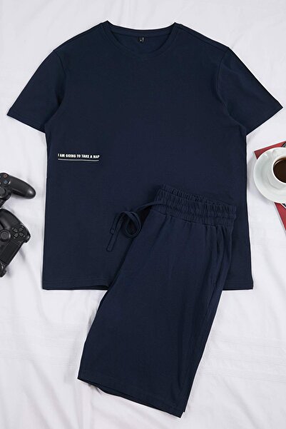 Trendyol Collection Navy Blue Reguar Fit Printed Knitted Shorts Pajama Set Tm...