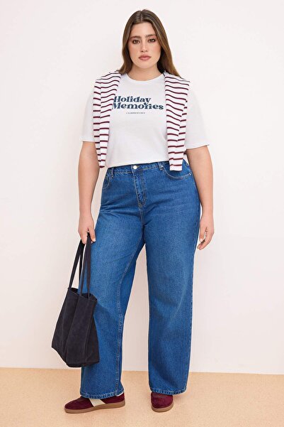 Trendyol Curve Dark Blue Premium Elastic High Waist Wide Leg 100% Cotton Jean...