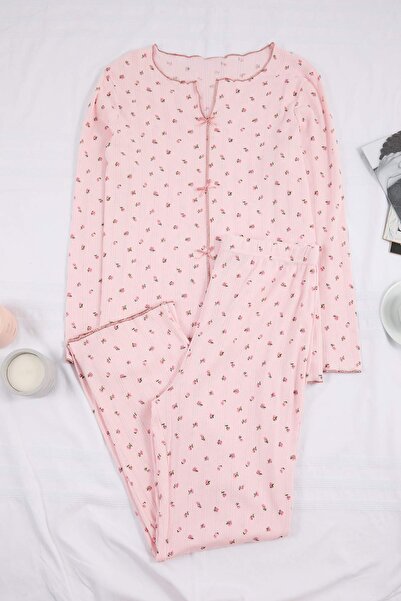 Trendyol Curve Pink Crisp Flower Patterned Bow Ribbed Knit Plus Size Pajamas ...