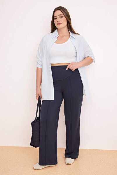 Trendyol Curve Navy Blue Soft Brushed Fabric Wide Leg Plus Size Pants Tbbss26...