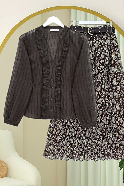 HİJABAYA V Yaka Önü Fırfırlı Tensel Yari Transparan Buket Gömlek