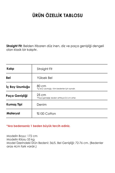 it's basic Kadın T.Kot Rengi Doris 4s5-80 Straight Fit Yüksek Bel %100 Koton İç Boy 80cm Denim Jean