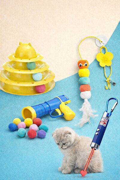 PawX En Popüler 4lü Kedi Oyuncak Seti Ponpon Silah - 3 Katlı Oyuncak - Lazer ...