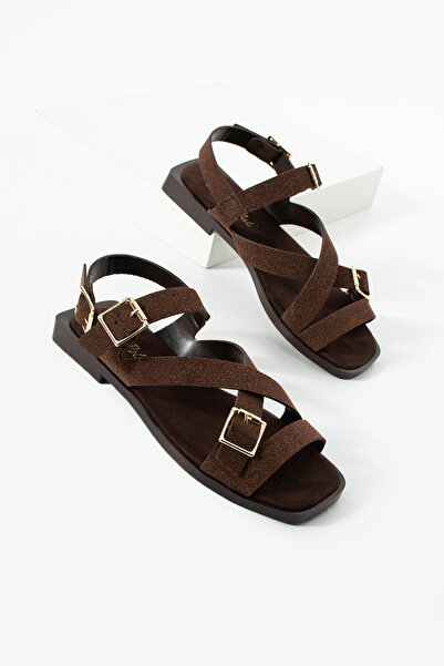 diclepolat Sandale de damă din piele intoarsa maro cu barete încrucișate și c...