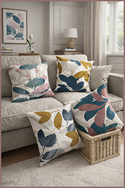 SasoHome مجموعة منقوشة بأوراق الخريف السريالية البسيطة مكونة من 4 أغطية وسائد...