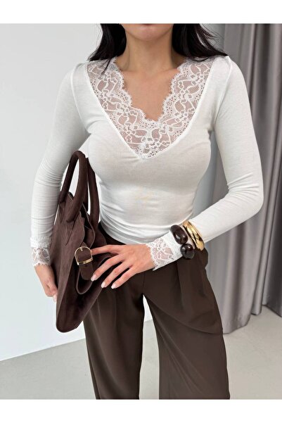 DAME Bluză transparentă cu decolteu în V și detaliu din dantelă pentru femei