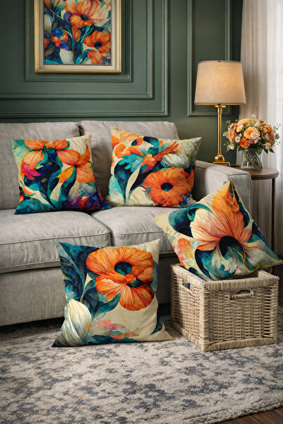 SasoHome مجموعة من 4 أغطية وسائد مطبوعة رقمية منقوشة على شكل زهور برتقالية حديثة