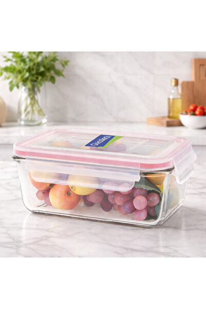 Genel Markalar Konik Dikdörtgen Cam Saklama Kabı 980 ml Pembe Kapaklı Kilitli...