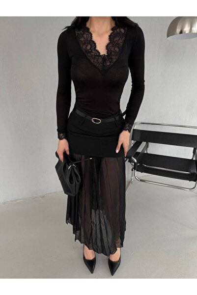 DAME Bluză transparentă cu decolteu în V și detaliu din dantelă pentru femei