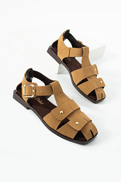 diclepolat Sandale de damă din piele intoarsa maro cu catarama – Talpa plată,...