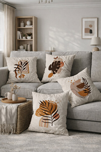 SasoHome Bohem Duvar Tabloları Yapraklar Desenli 4lü Dijital Baskılı Kırlent ...