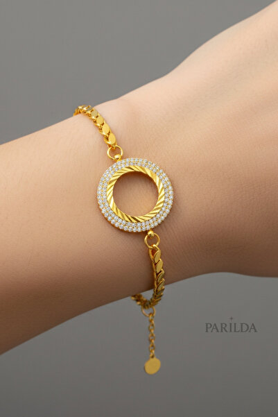 Parılda Premium Altın Kaplama Kristal Çerçeveli Çeyrekli Pullu Zincir Kadın B...