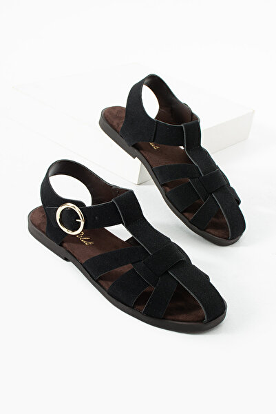 diclepolat Women's Black Suede Buckle Strap Sandals – Flat Sole Comfortable C...