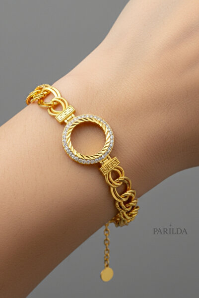 Parılda Premium Altın Kaplama Halat Zincir Kristal Çerçeve - Çeyrekli Bileklik