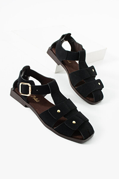 diclepolat صندل نسائي من جلد الغزال الأسود - نعل مسطح مريح للاستخدام اليومي ف...