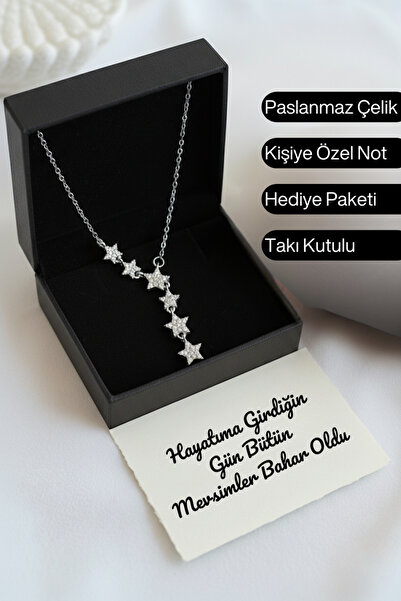 Birmem Kadın Gümüş Rengi Zirkon Taşlı Yıldız Asansörlü Çelik Y Kolye