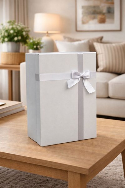 PAZARAKOŞ hediye kutusu beyaz ve beyaz kurdeleli büyük boy 16,5*30*38 cm