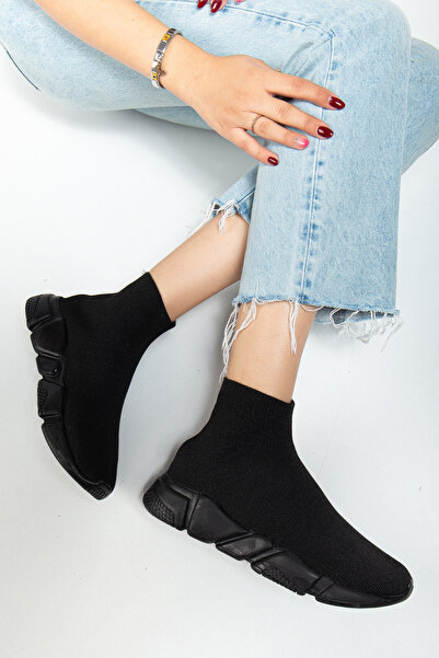 Mirkada Unisex Siyah Çorap Model Bilekli Triko Bağcıksız Sneaker Yürüyüş Spor Ayakkabı Rahat Kalıp