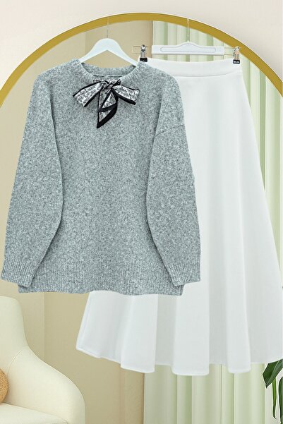 Modamorfo Pulover din tricot moale cu detaliu de eșarfă la gât - Gri