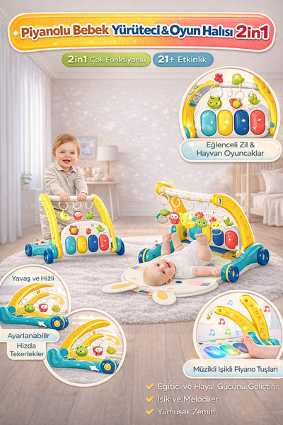YILDIRIM OYUNCAK Piyanolu 2 in 1 Bebek Yürüteci ve Tavşan Desenli Oyun Halısı...